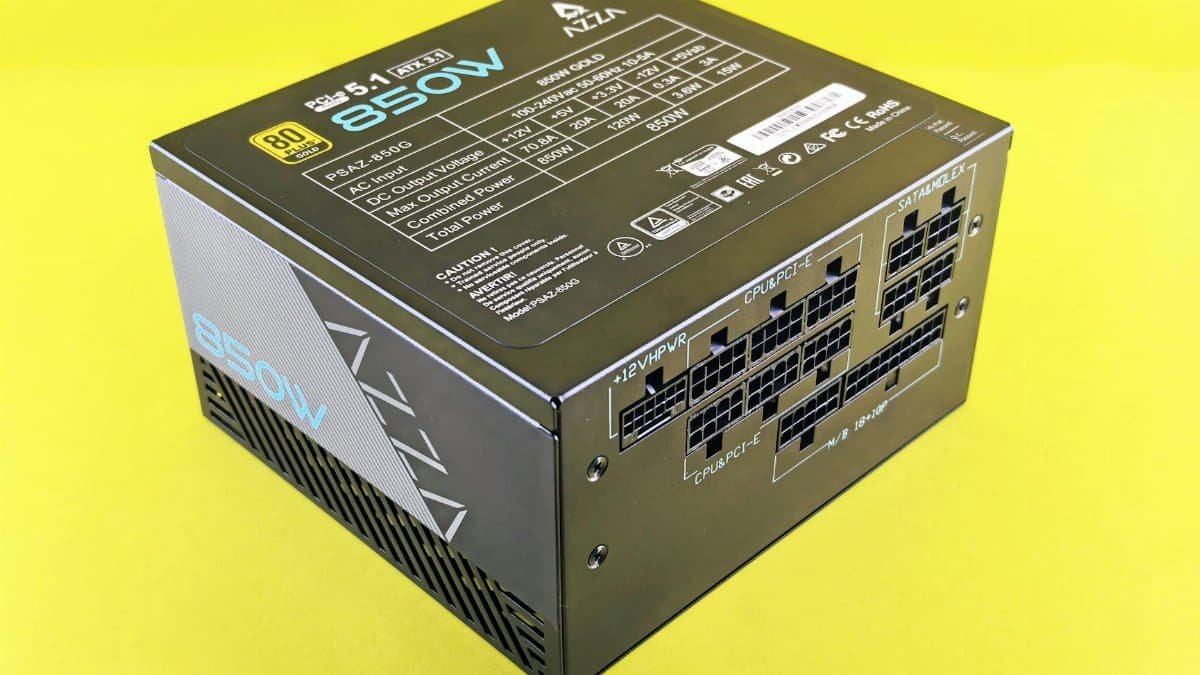 Compact 850W PSU with 80 Plus Gold certification on yellow backdrop, efficient for gaming PCs.