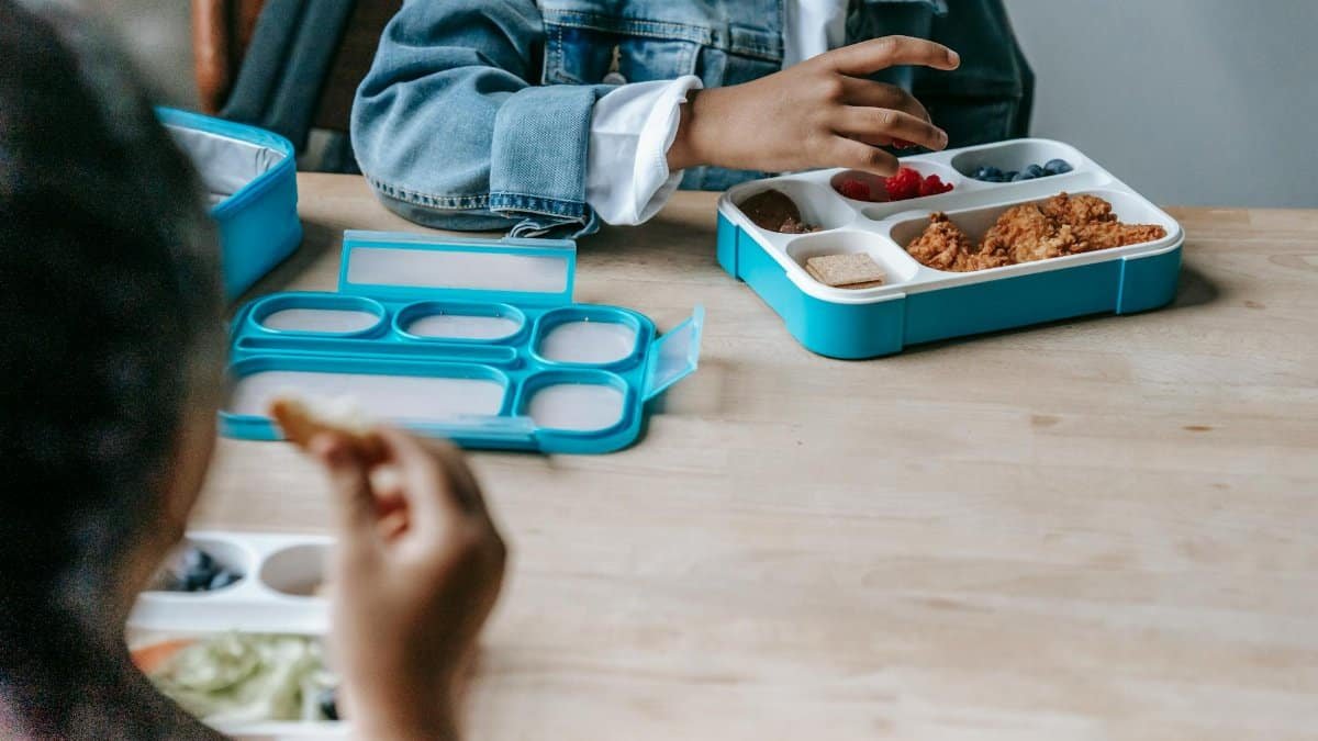 Crop faceless classmates sitting at table with lunch boxes with various food and eating during break