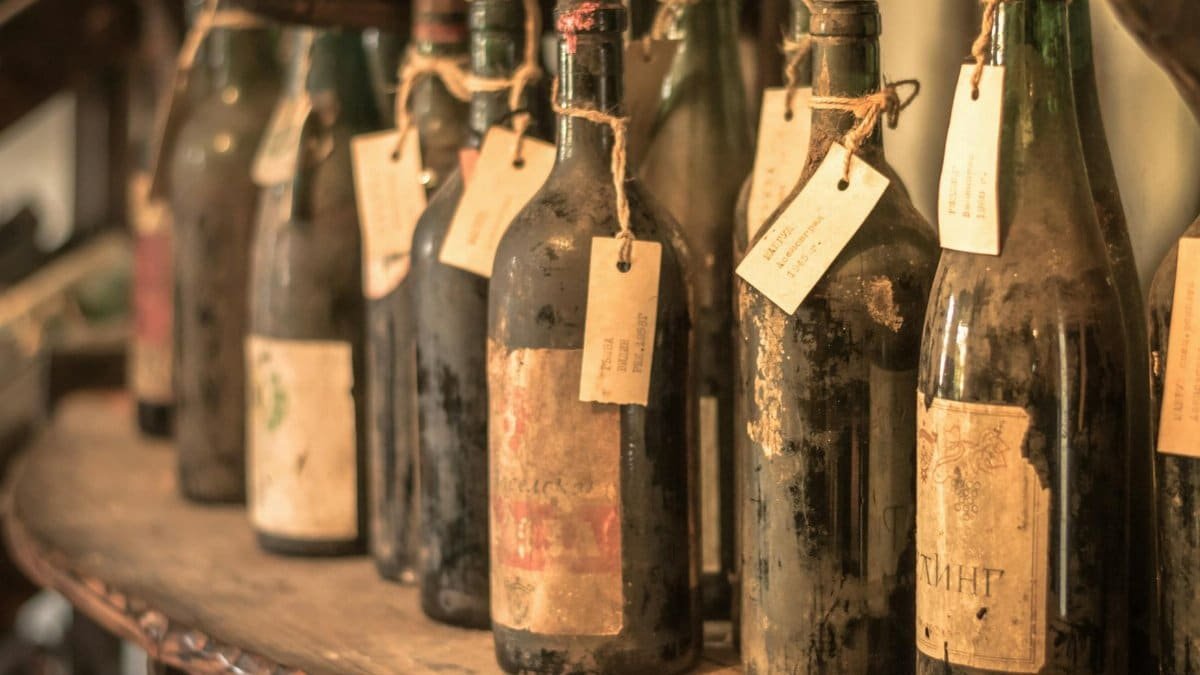 Close-up of old dusty wine bottles with tags on a wooden shelf in a vintage cellar setting.