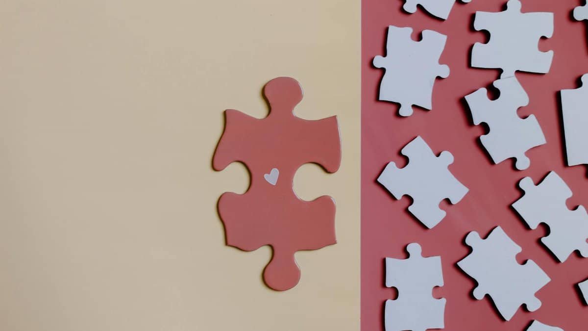 A red jigsaw puzzle piece with a heart design on a dual-colored background showcasing contrast and concept.