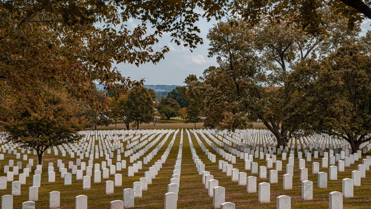 Peaceful view of Arlington National Cemetery with rows of white headstones beneath mature trees.