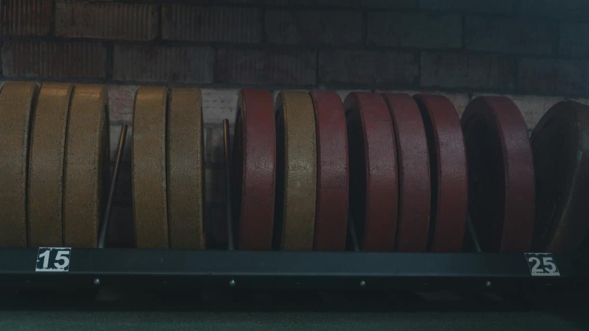 Detailed view of gym weight plates on a rack in an indoor fitness center.