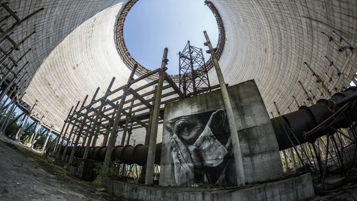 Fisheye lens captures graffiti inside an abandoned Chernobyl reactor.