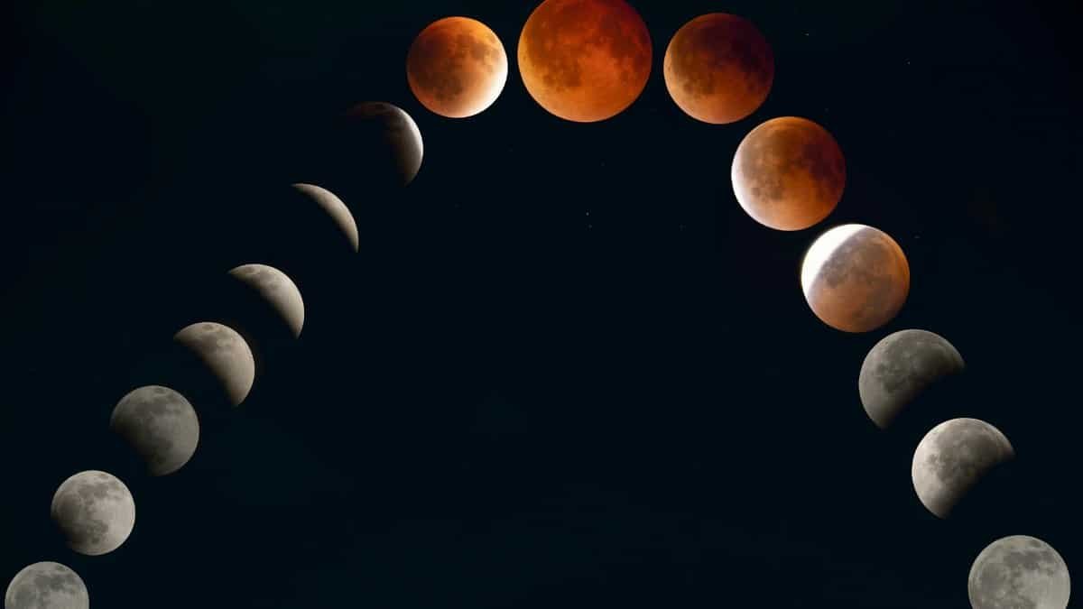 Sequence of lunar eclipse phases depicting the moon's transition, showcasing the blood moon.