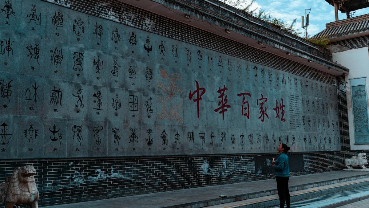 A person admires an ancient Chinese script wall outdoors.