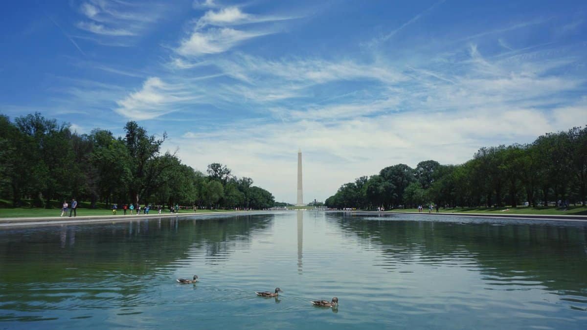 A serene view of the Washington Monument reflecting in a pool with a vibrant sky above.