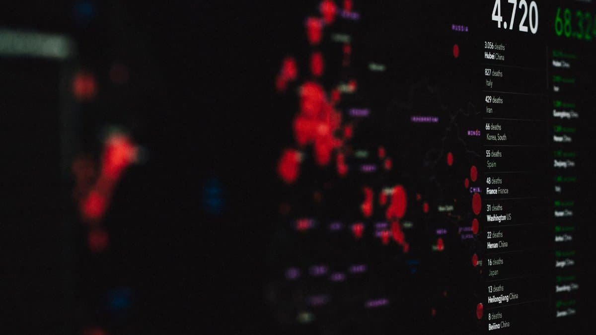 Data visualization screen showing COVID-19 pandemic statistics and geographic spread.