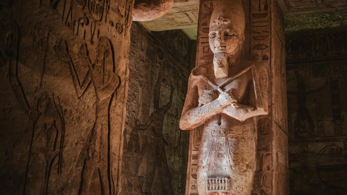 Intricate carvings and sculptures from an ancient Egyptian tomb in Giza, Egypt.