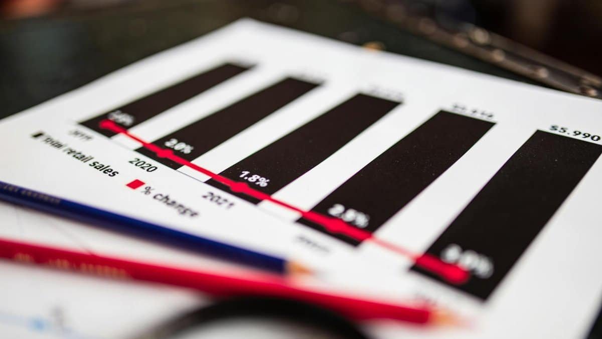 Close-up of a financial report showing sales data with dramatic depth of field.