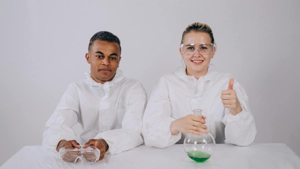 Two scientists in lab coats working with a round-bottom flask indoors.