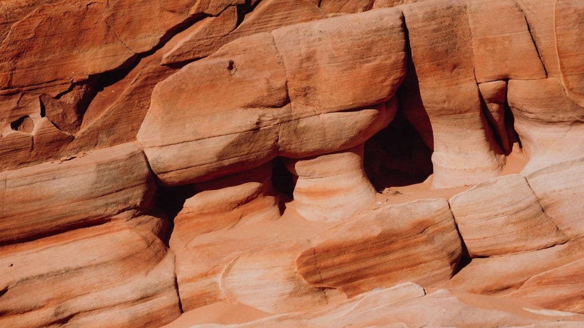 Close-up of red sandstone formations at Valley of Fire State Park, Nevada, USA, showcasing unique geological features.