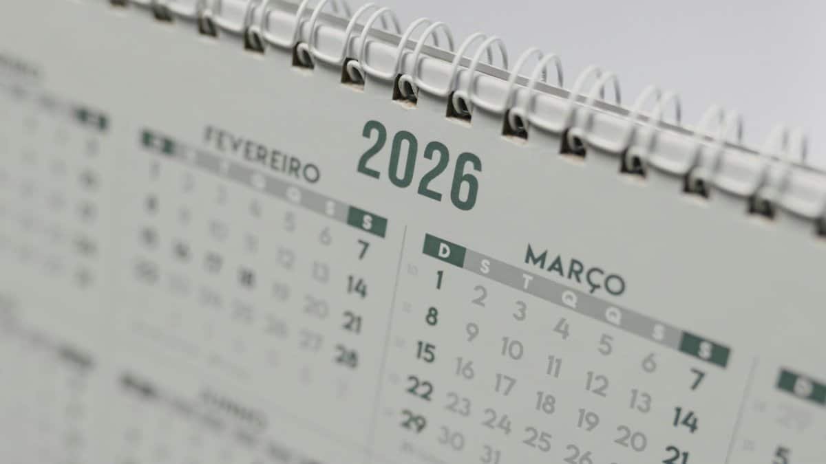 Close-up view of a 2026 spiral-bound desk calendar showing February and March.