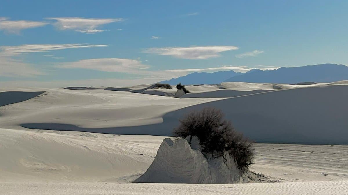 Capture of tranquil white sand dunes under a blue sky at White Sands National Park, NM.