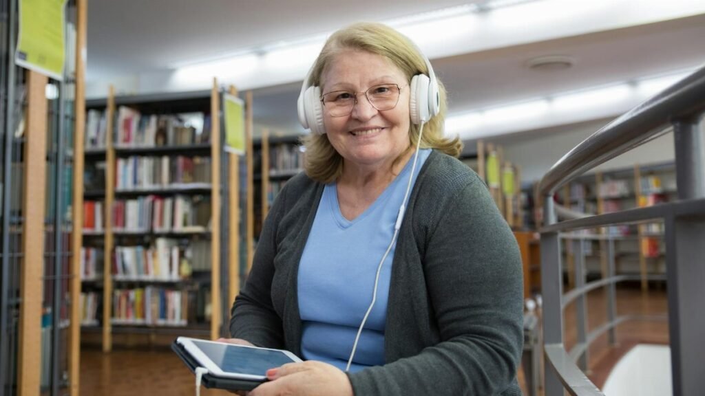 Senior woman smiling while listening to audiobooks on tablet in library setting.