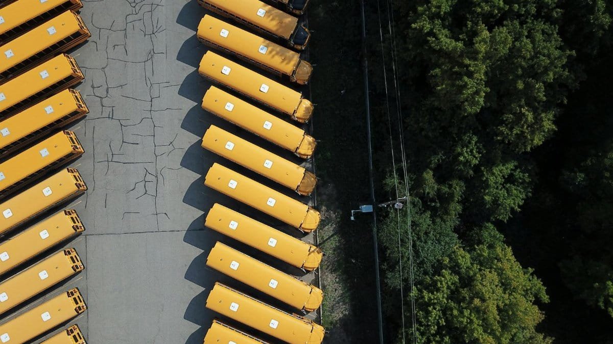 Aerial shot of yellow school buses lined up next to a forest area in Golden Valley, MN.