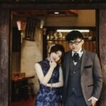 Beautiful Asian couple posing in traditional attire during a wedding photoshoot in Taiwan.