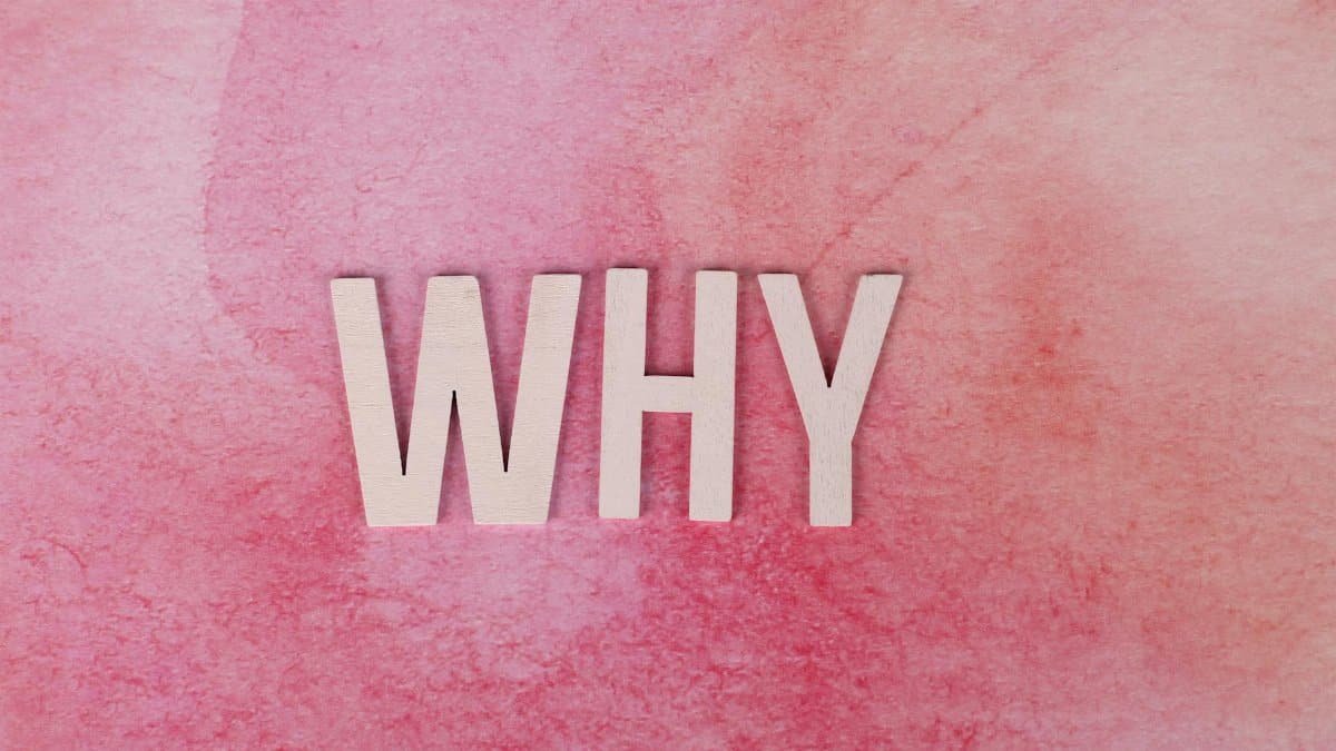 Bold white letters spelling WHY on a pink textured background for conceptual design.