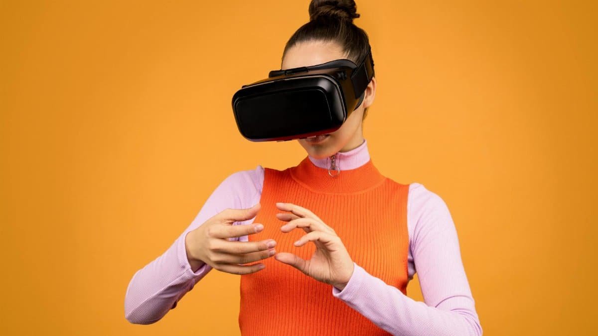A young woman enjoying an immersive virtual reality experience indoors, wearing a VR headset.