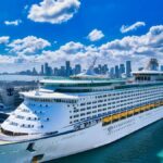 A luxurious cruise ship moored at the bustling Miami port with the city skyline in the background.