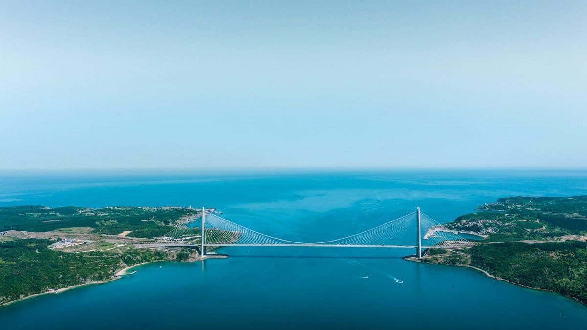 Majestic aerial shot of Yavuz Sultan Selim Bridge spanning the Bosphorus Strait in Istanbul, Turkey.