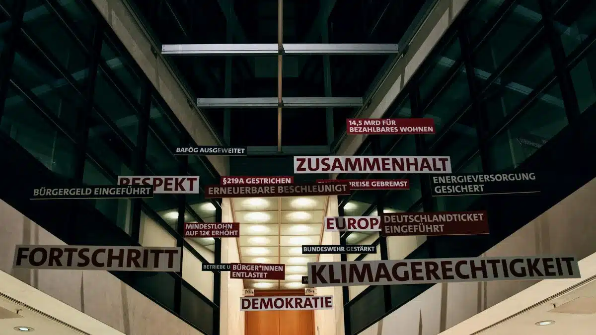 An architectural interior in Berlin featuring suspended German words and phrases highlighting social themes.