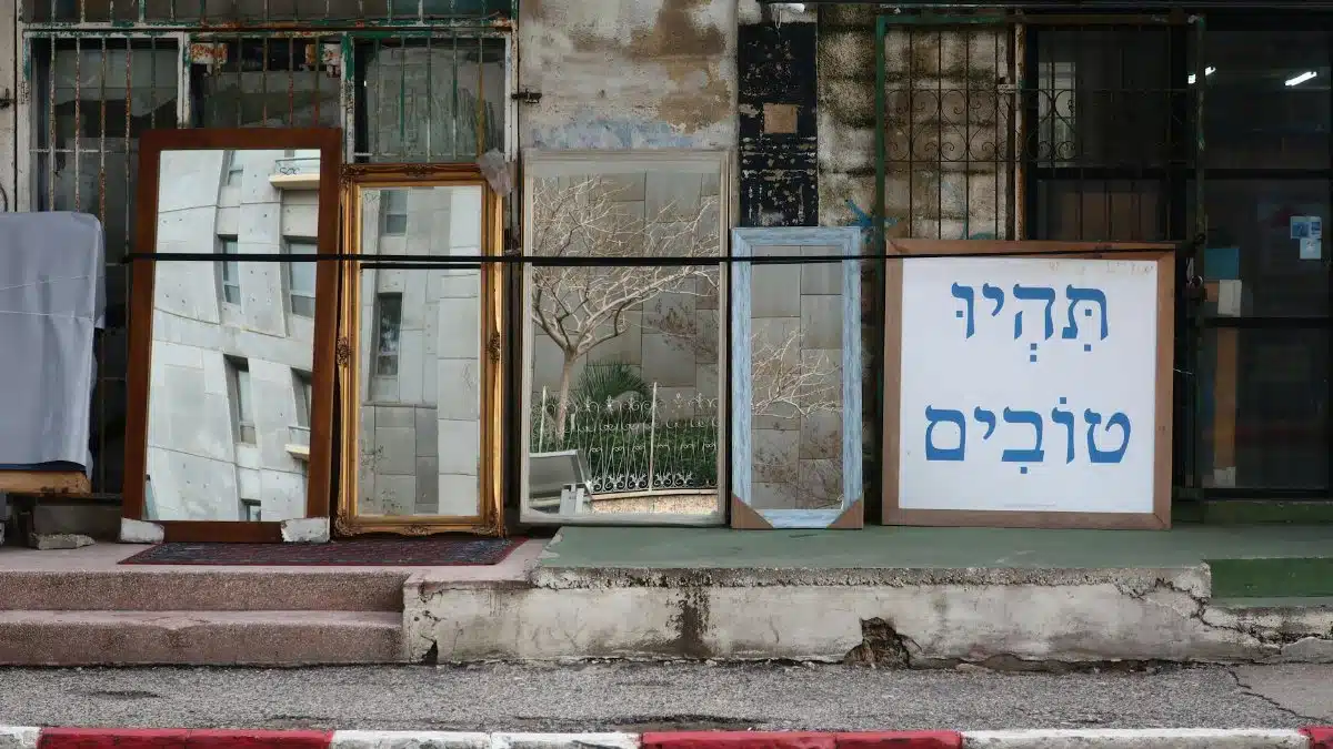 Decorative mirrors displayed outdoors in an Israeli street setting, adding a unique urban charm.