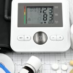 Close-up of medical equipment including blood pressure monitor, pills, and ECG printout.