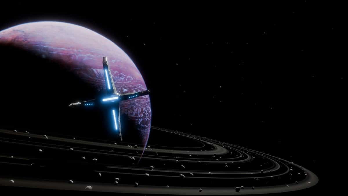 A futuristic spacecraft orbits a colorful ringed planet in deep space.
