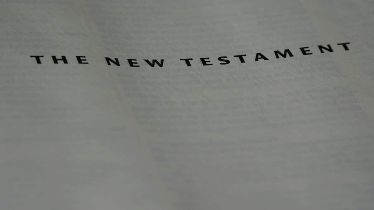 Photography of the New Testament title page in a Bible with clear focus.