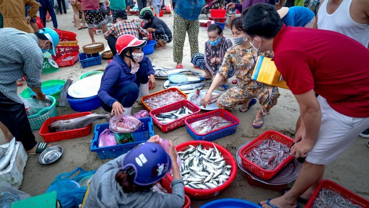 A bustling outdoor market with people buying and selling fresh seafood displayed in colorful baskets.