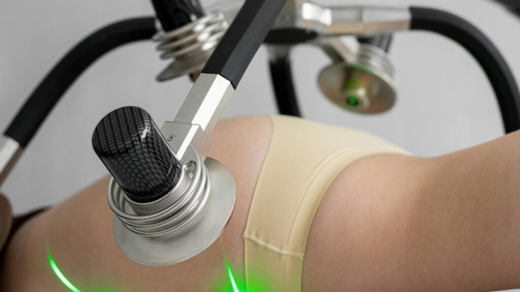 Side view of crop anonymous female in underwear lying and doing non invasive laser body treatment against light wall in clinic