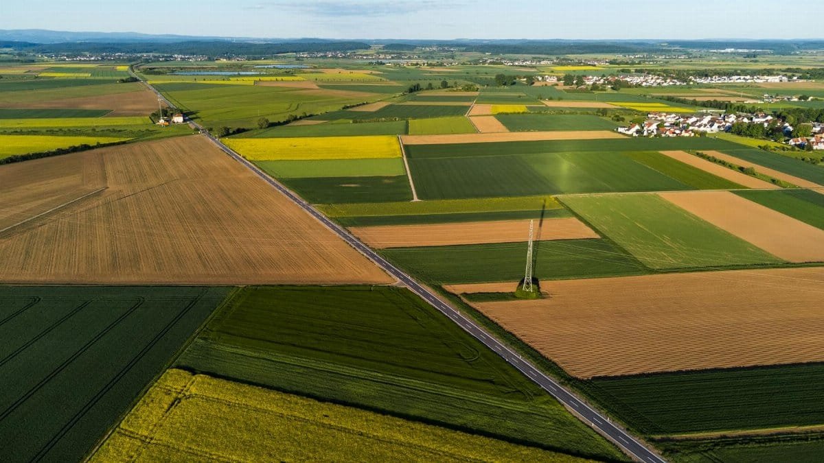 Stunning aerial view of colorful agricultural fields with a visible horizon and clear sky.