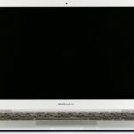 Front view of a MacBook Air laptop with a blank screen on a white background.