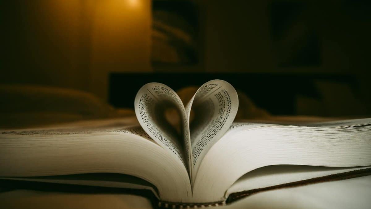 Open book with pages forming a heart shape in warm, ambient lighting. Cozy and romantic atmosphere.