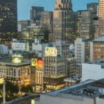 Twilight view of San Francisco skyline featuring iconic architecture and bustling city life.