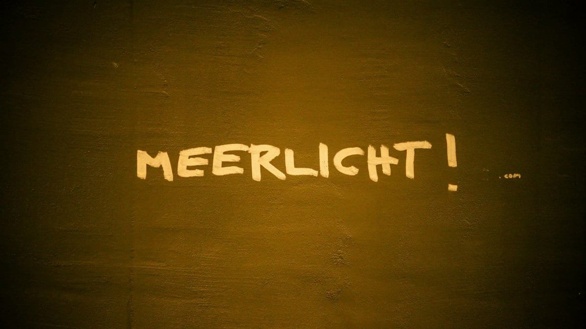Graffiti reading 'Meerlicht' on a dark textured wall in warm lighting.