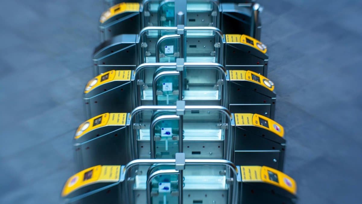 Elevated view of subway turnstiles showing modern transportation infrastructure.