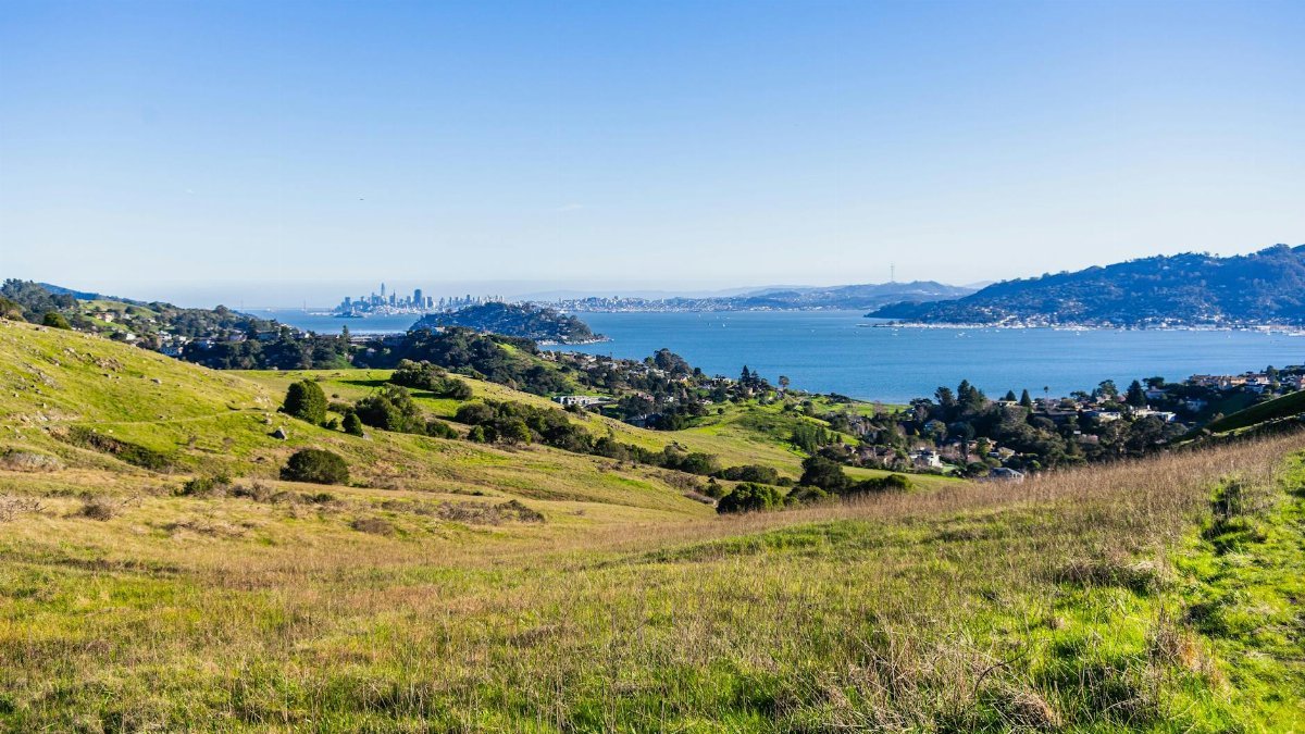 Beautiful view of San Francisco Bay from Marin County with city skyline and rolling hills.