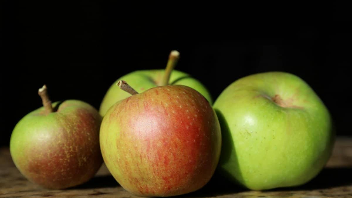 A close-up shot of fresh green and red apples on a rustic surface.