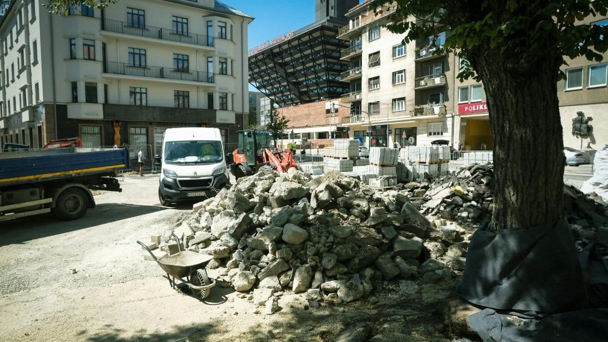 A construction site in downtown Bratislava showing heavy roadwork and urban renewal.