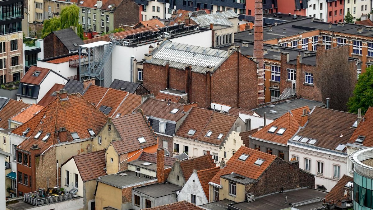 Aerial view capturing diverse rooftops in an urban residential area with varied architectural styles.