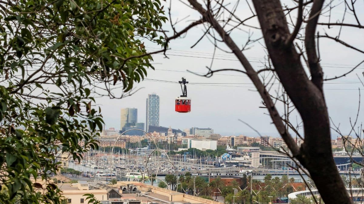 Scenic view of Barcelona with a cable car and city skyline framed by trees.