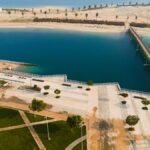 Aerial shot of the picturesque Al Jubail waterfront promenade in Saudi Arabia.