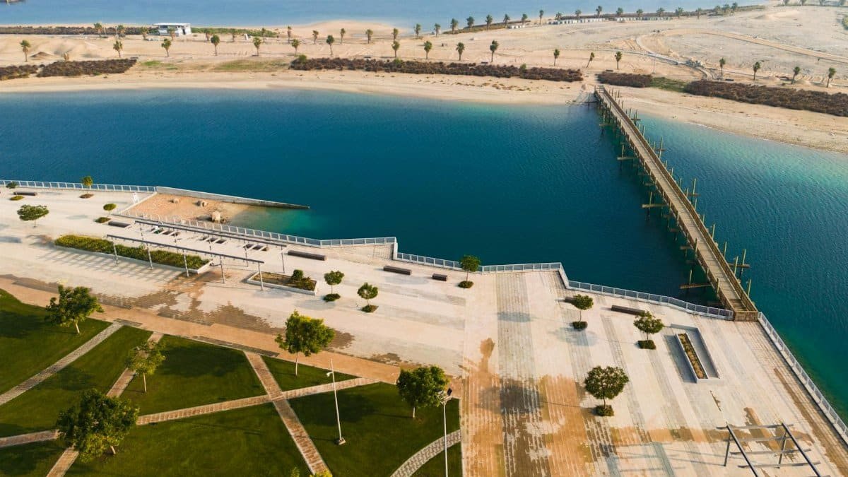 Aerial shot of the picturesque Al Jubail waterfront promenade in Saudi Arabia.