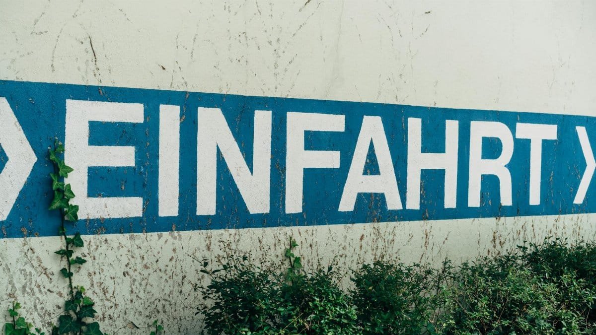 Close-up of a German 'Einfahrt' sign on a textured wall with ivy, conveying an entryway directive.