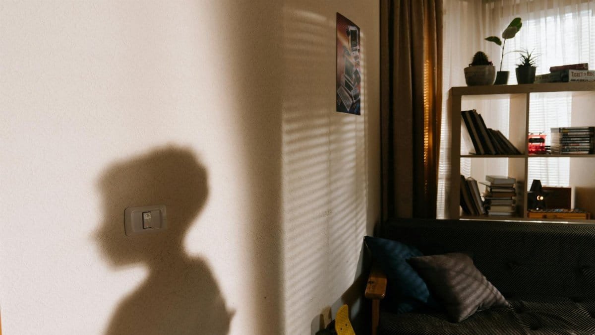 A child's shadow cast on the wall in a cozy, well-lit apartment room with a bookshelf.