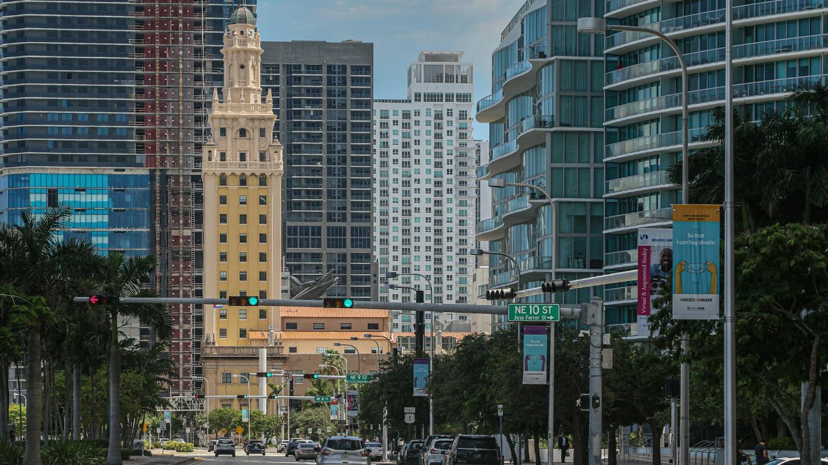 Vibrant view of downtown Miami featuring iconic skyscrapers and busy street life.