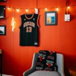 Cozy indoor space with Chicago Bulls memorabilia and vibrant red walls.