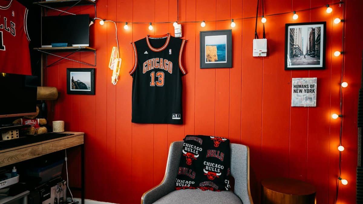 Cozy indoor space with Chicago Bulls memorabilia and vibrant red walls.