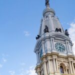 Iconic Philadelphia City Hall clock tower captured from a low angle against a clear blue sky.